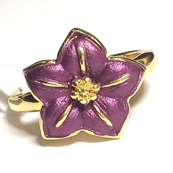 Hibiscus Flower Ring Sz 6 7 8 Gold Plated Tropical Hawaiian Island Purple Enamel - Picture 6 of 11